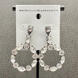 White House Black Market Crystal Hoop Earrings Large Statement Silver Tone 2"